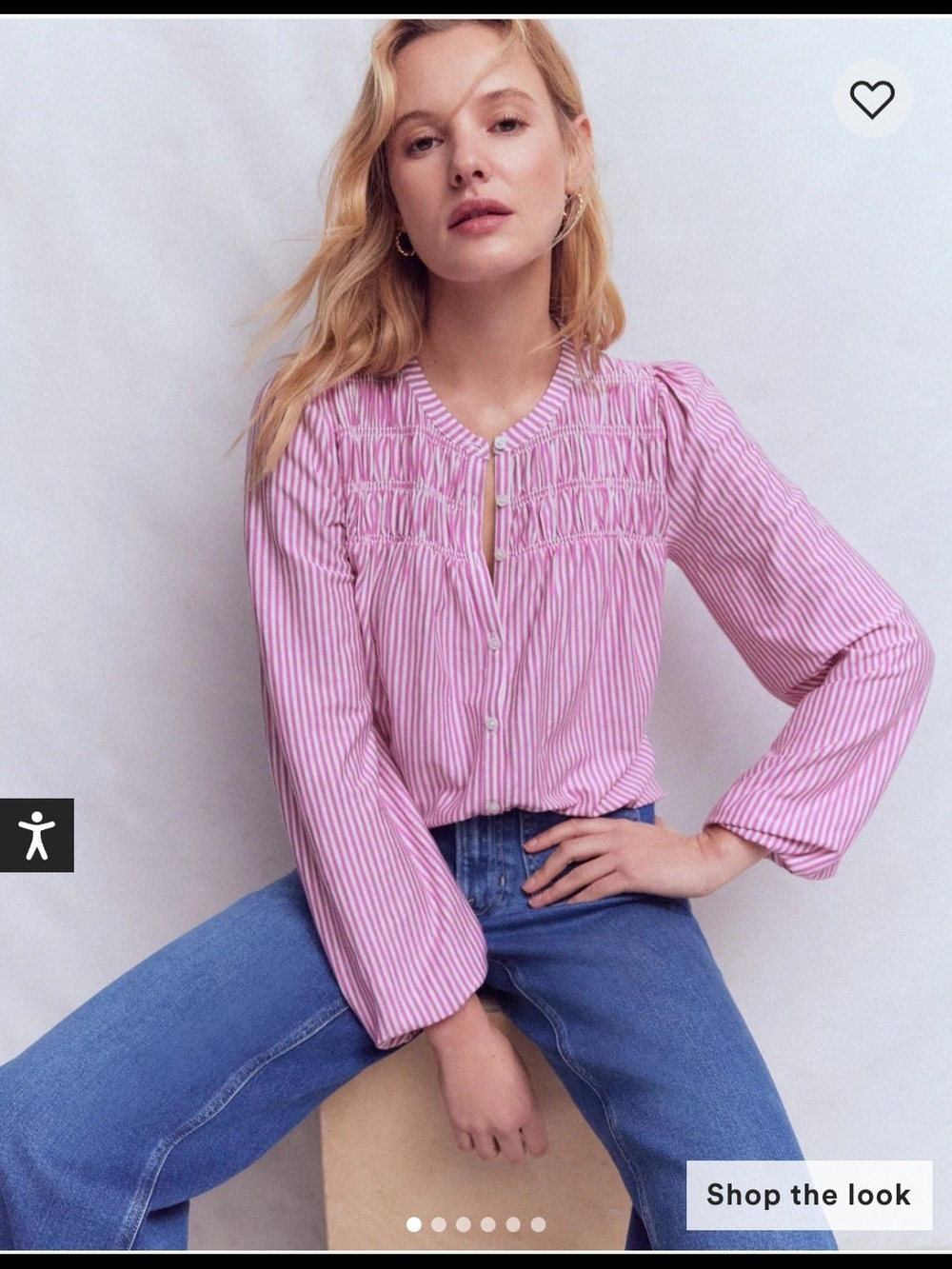 Boden "Mya" Pink Striped Smocked Yoke Button-Down Jersey Shirt. Size 6